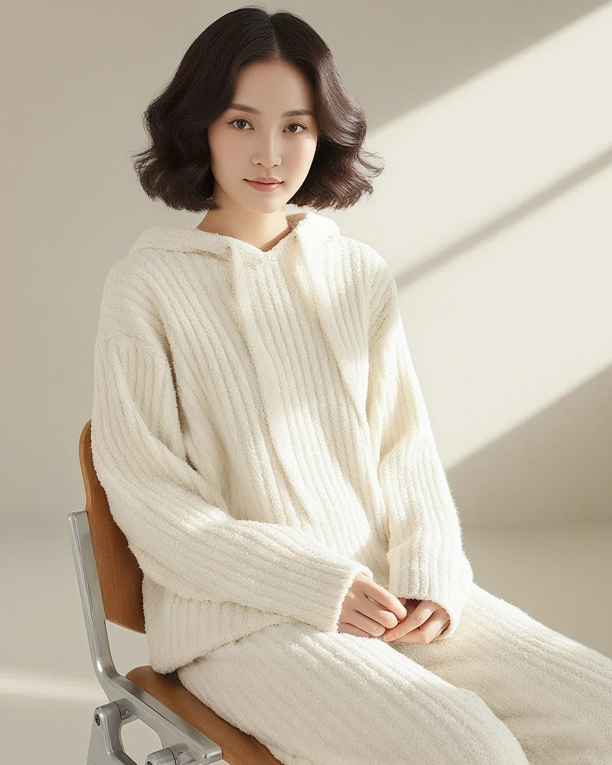 Lazy Vertical Stripe Soft Half-Fleece Loungewear Set, Hooded Loose Thick, styled view
