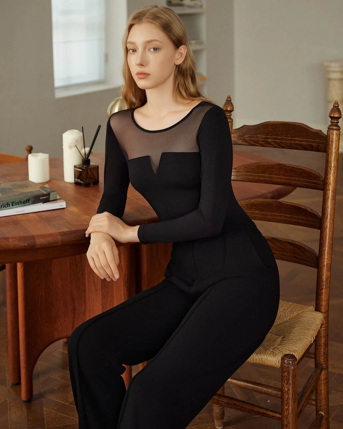 Thin style Elegant Light Shadow mesh thermal underwear , thermal top and, styled view