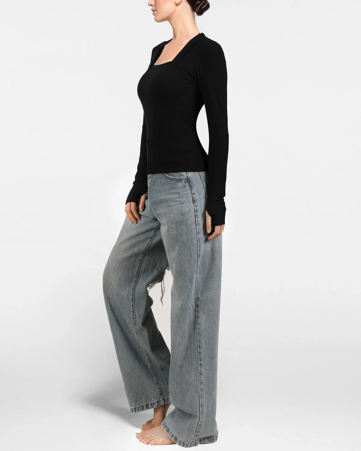 Kardashian Knit Rib Long Sleeve Square Neck Top , Stretch Slimming, styled view