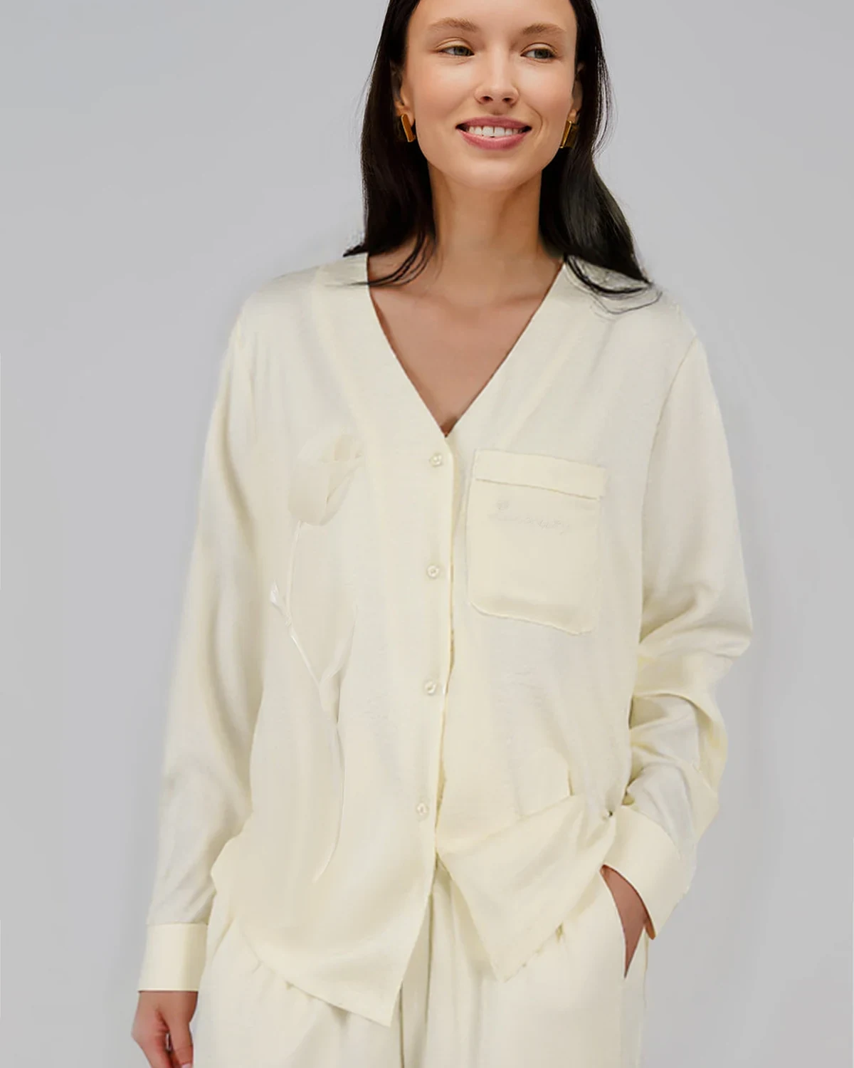 Premium elevated tulip draped satin pajama and lounge pants set, women's, styled view
