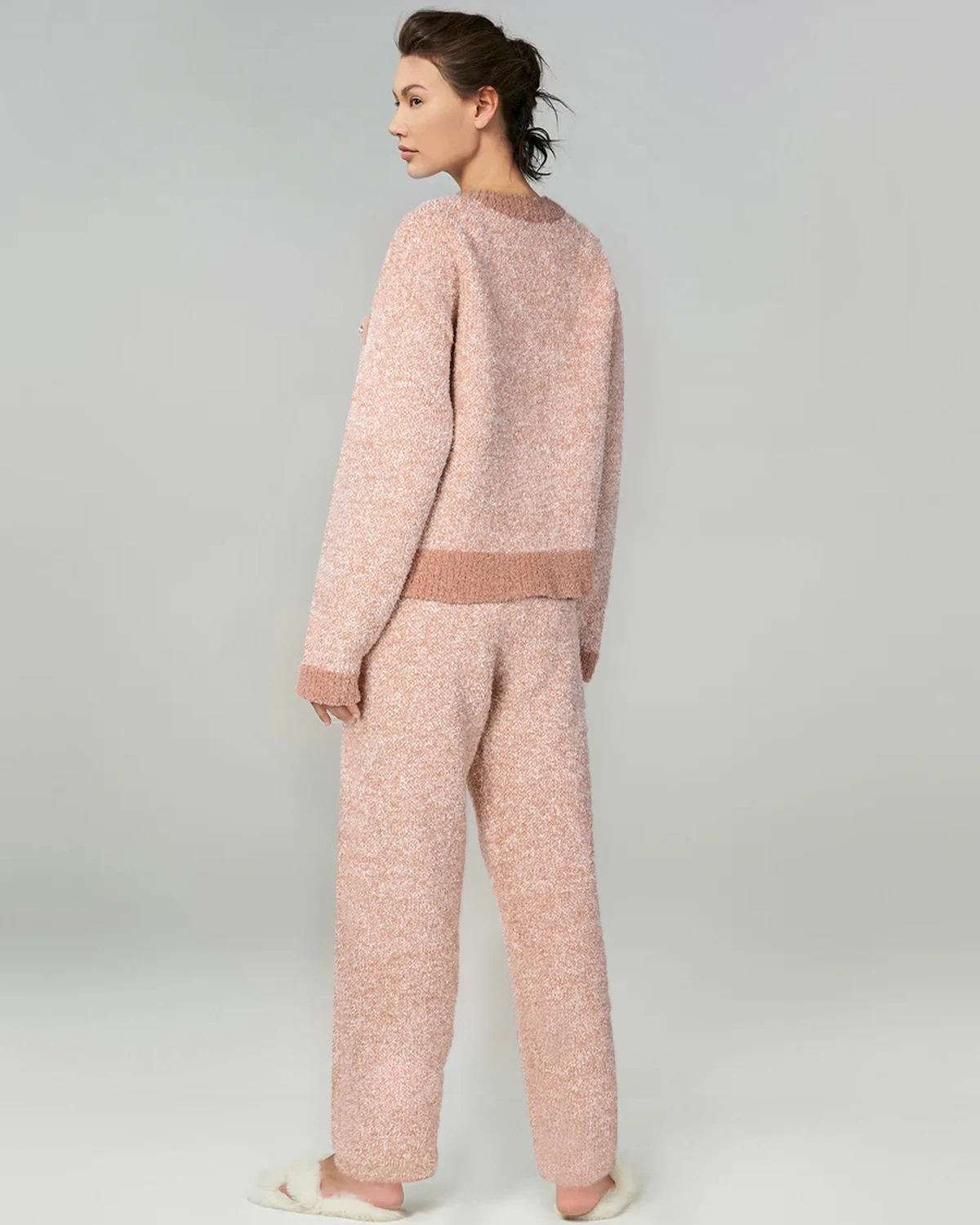 Soft tweed-style fluffy cardigan half-fleece Fall/Winter loungewear set, styled view