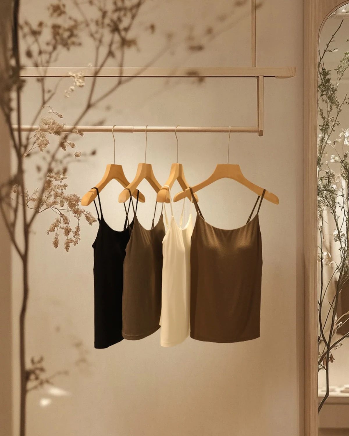 Cloud-feel modal wool-blend camisole with built-in bra pads, fixed cups, styled view