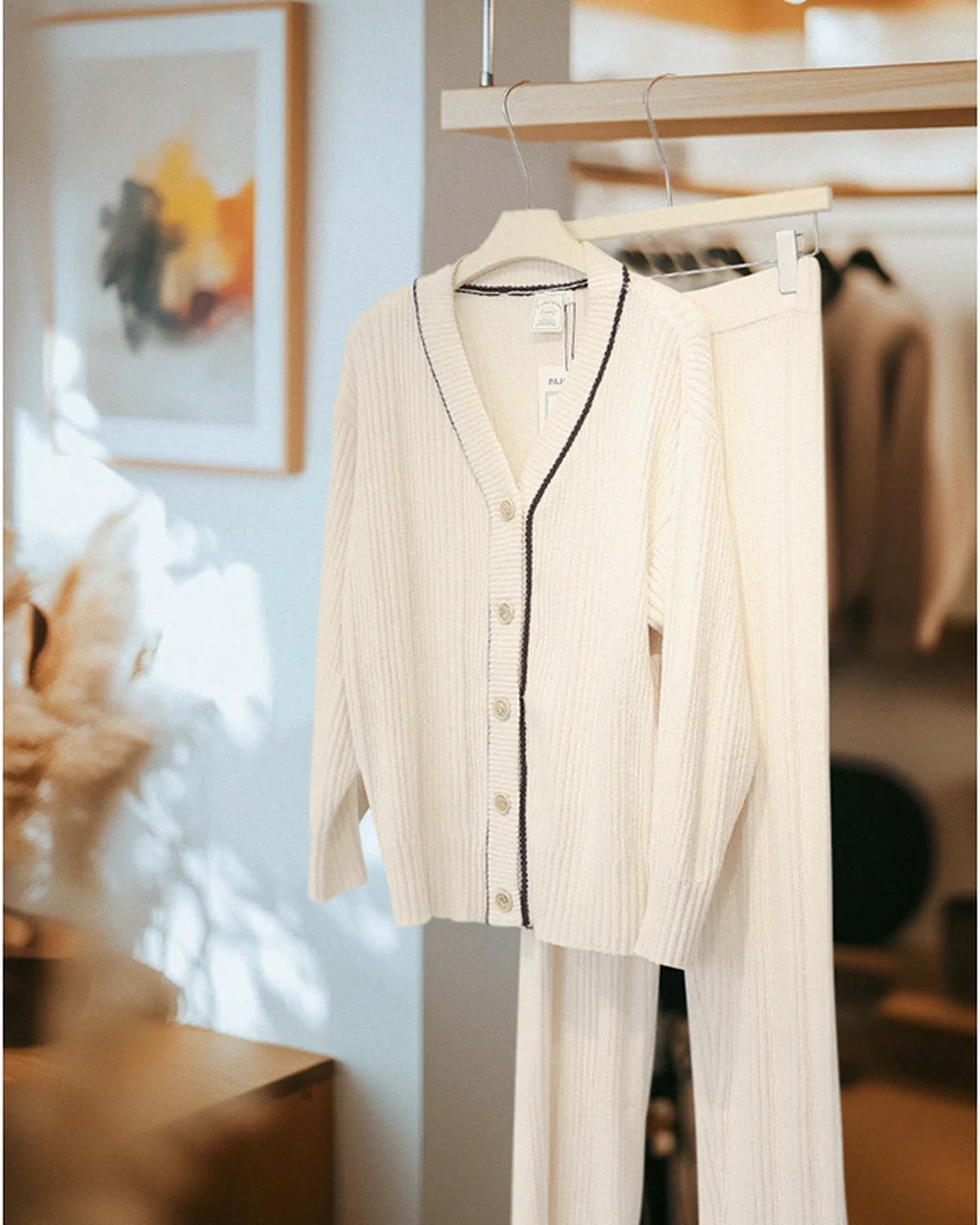 Plush knitted cardigan white pajamas women's loungewear warm half-fleece, styled view