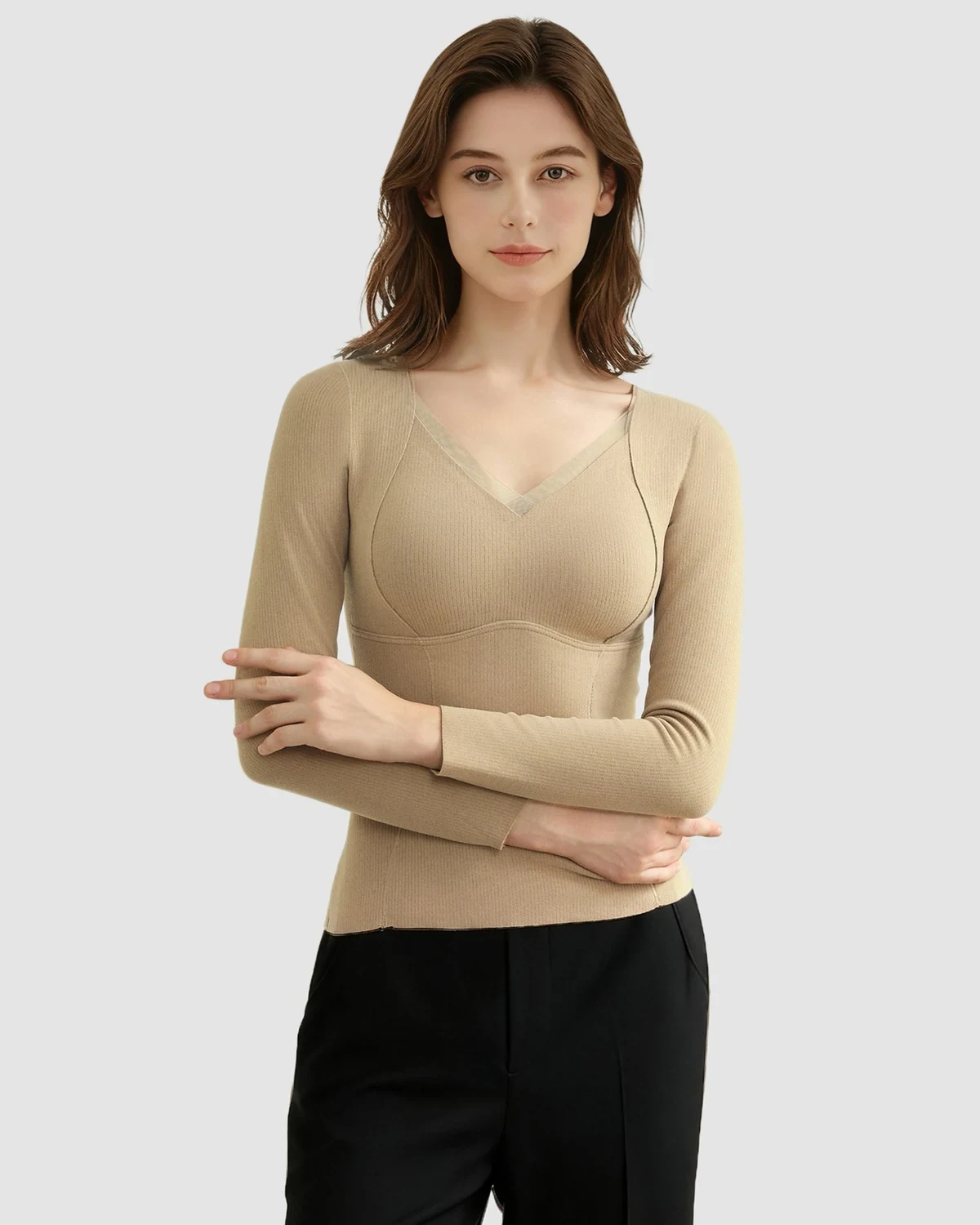 Autumn and winter cashmere silk long-sleeve top base layer, V-neck with, styled view