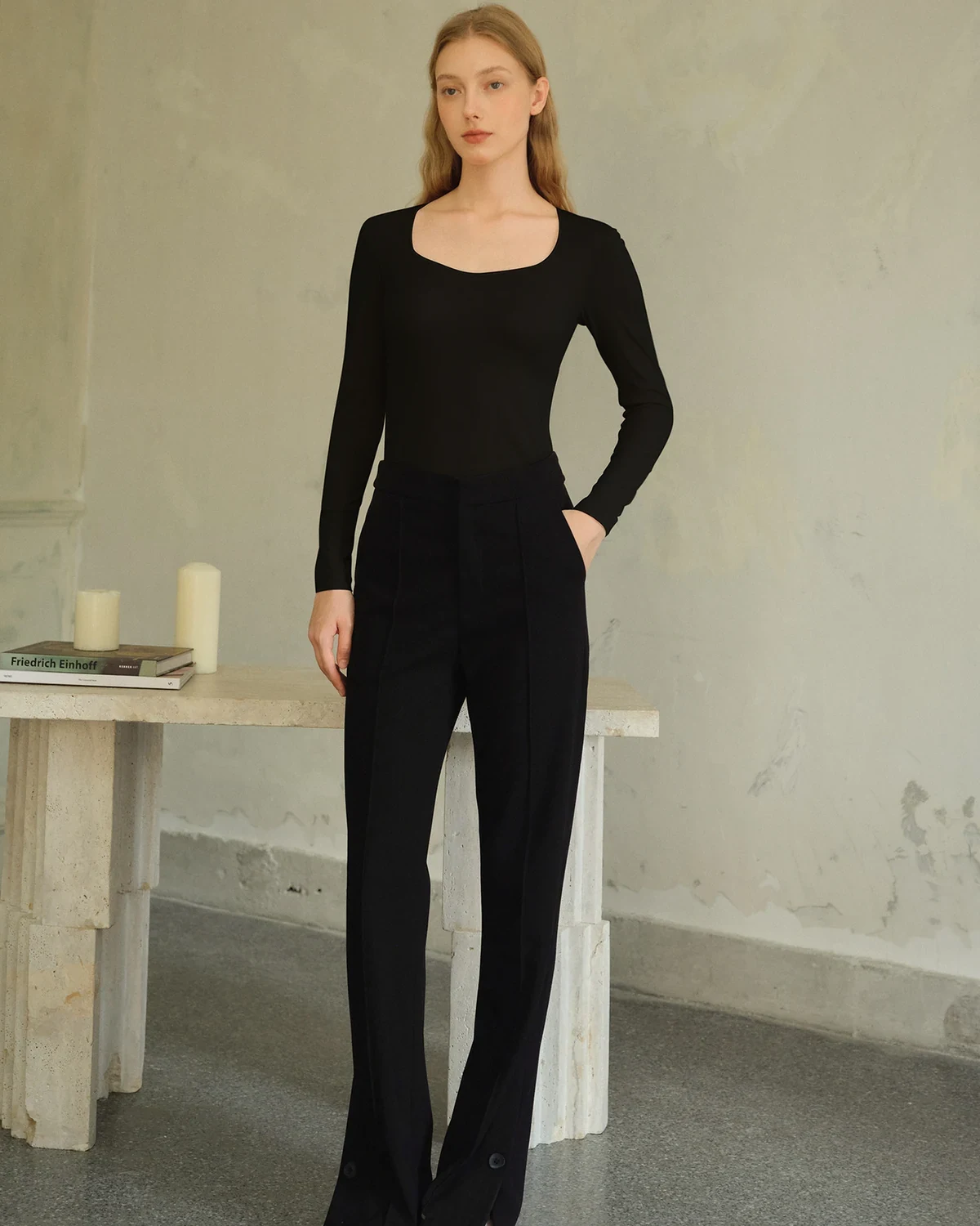 Wool Blend Acrylic Heat-Generating Square-Neck Base Layer , 2-in-1, styled view
