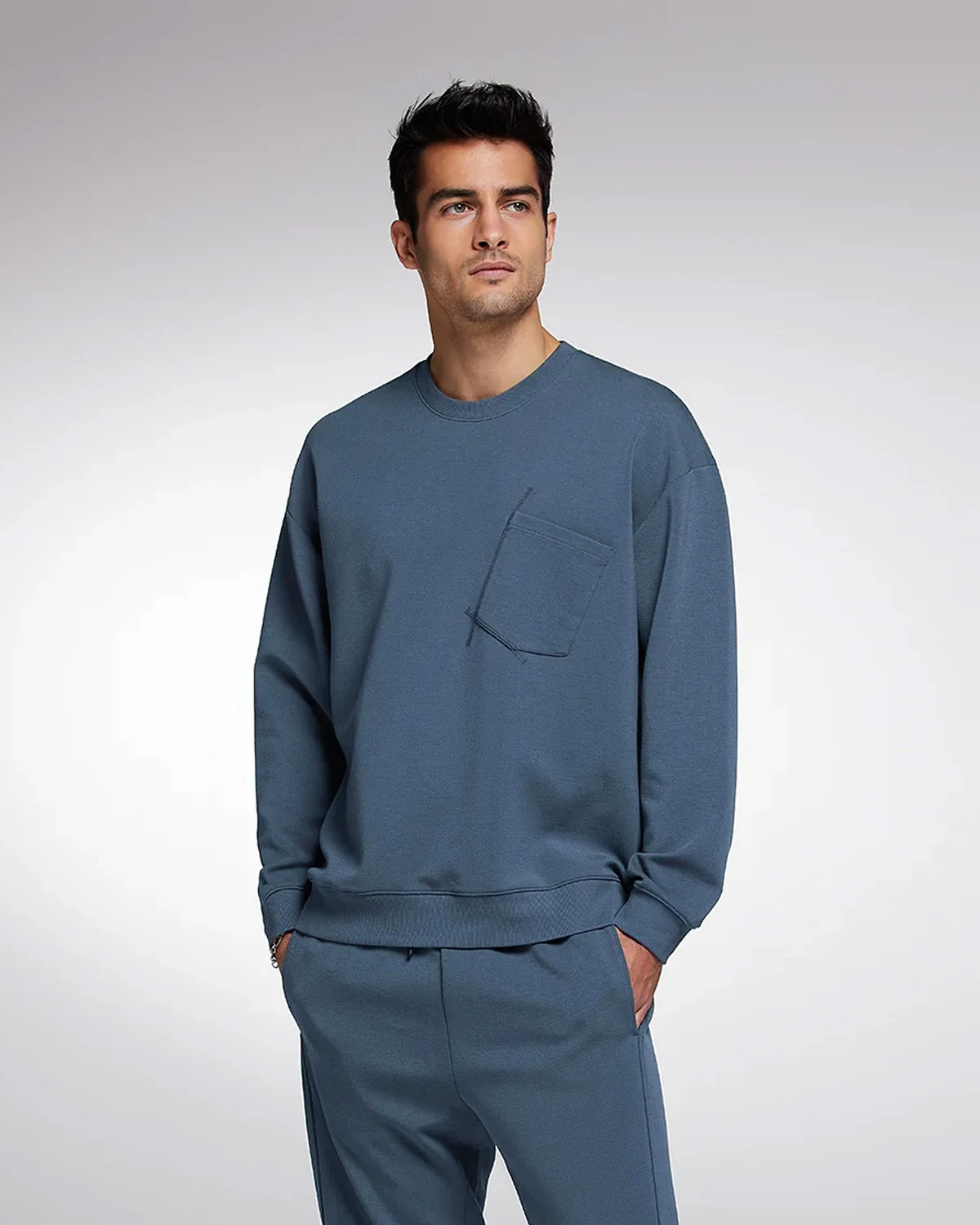 Men's Simple Casual Crewneck Sweatshirt Set, Skin-Friendly Cotton, styled view