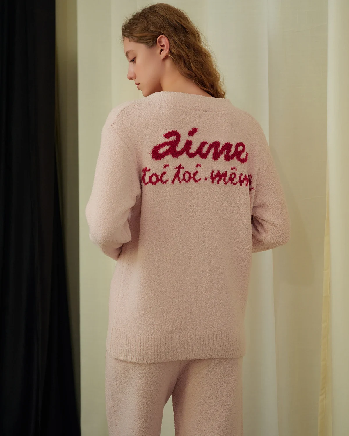 Soft half-fleece sweet strawberry cardigan set , thick long-sleeve, styled view
