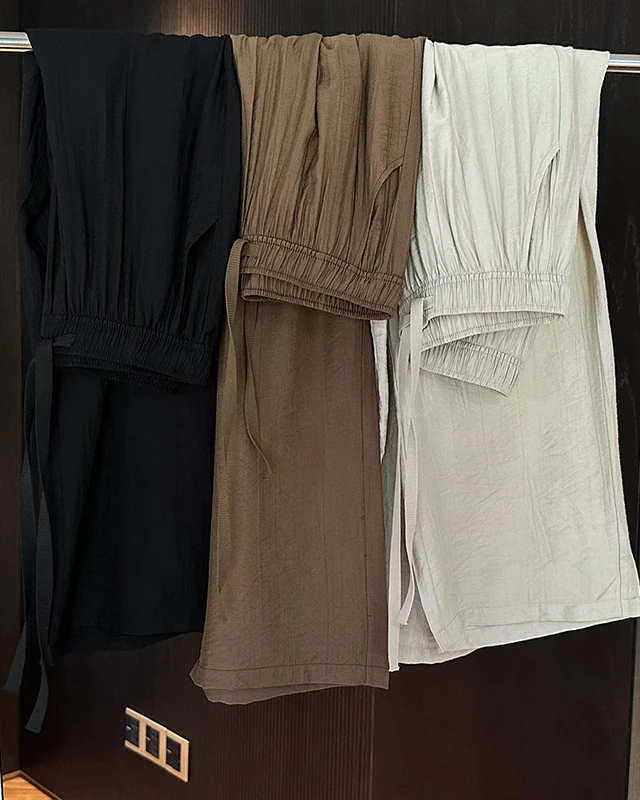 Lightweight breathable silky draped straight-leg casual pants , styled view