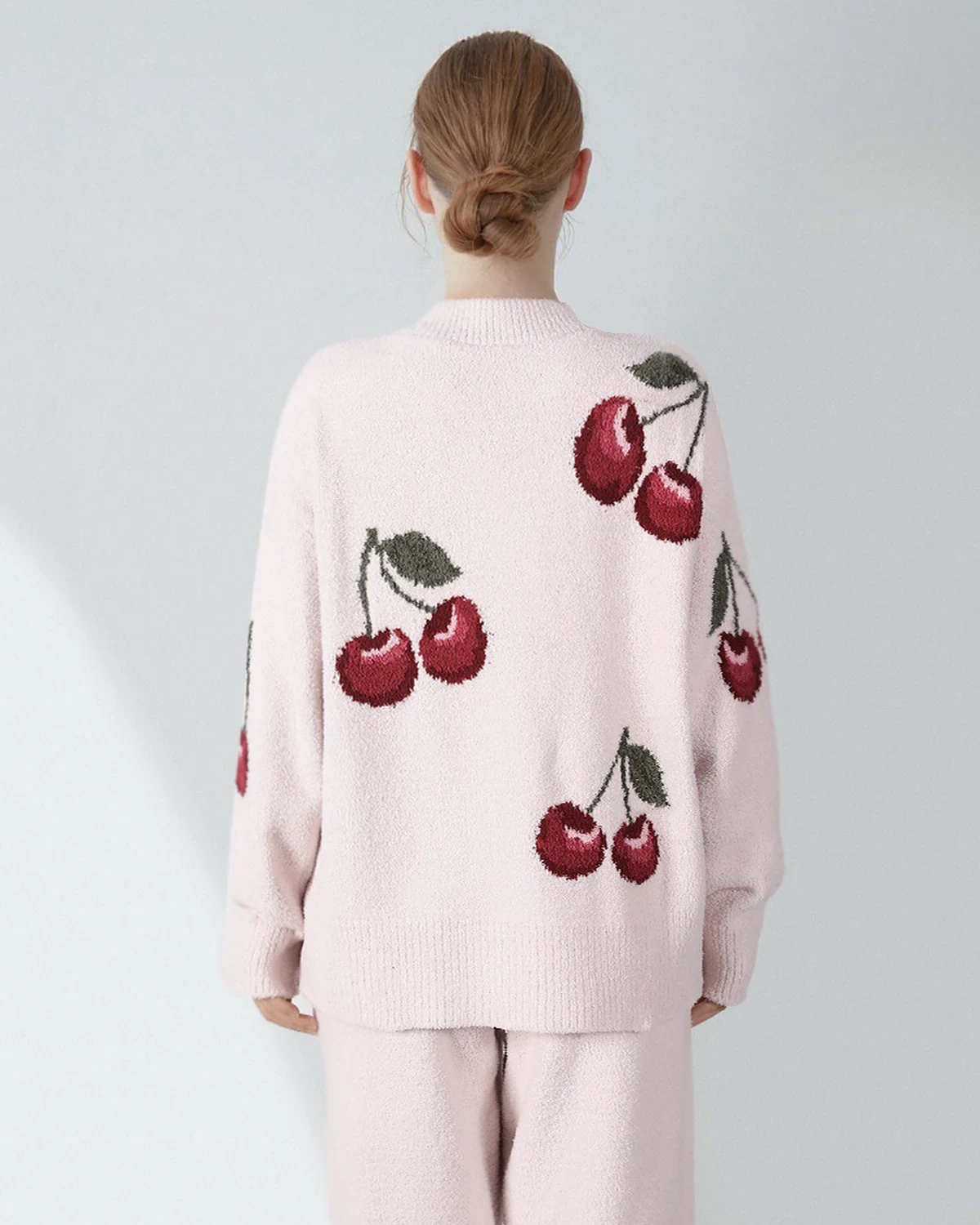 Soft half-fleece cherry cardigan pajama set , fleece-lined thick warm, styled view