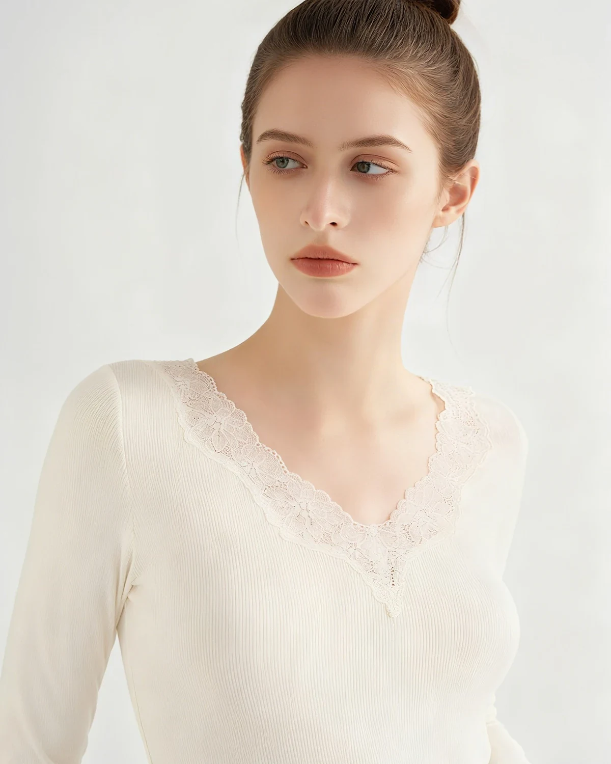 Modal combed-cotton lace base-layer top, merino wool thermal long-sleeve, styled view
