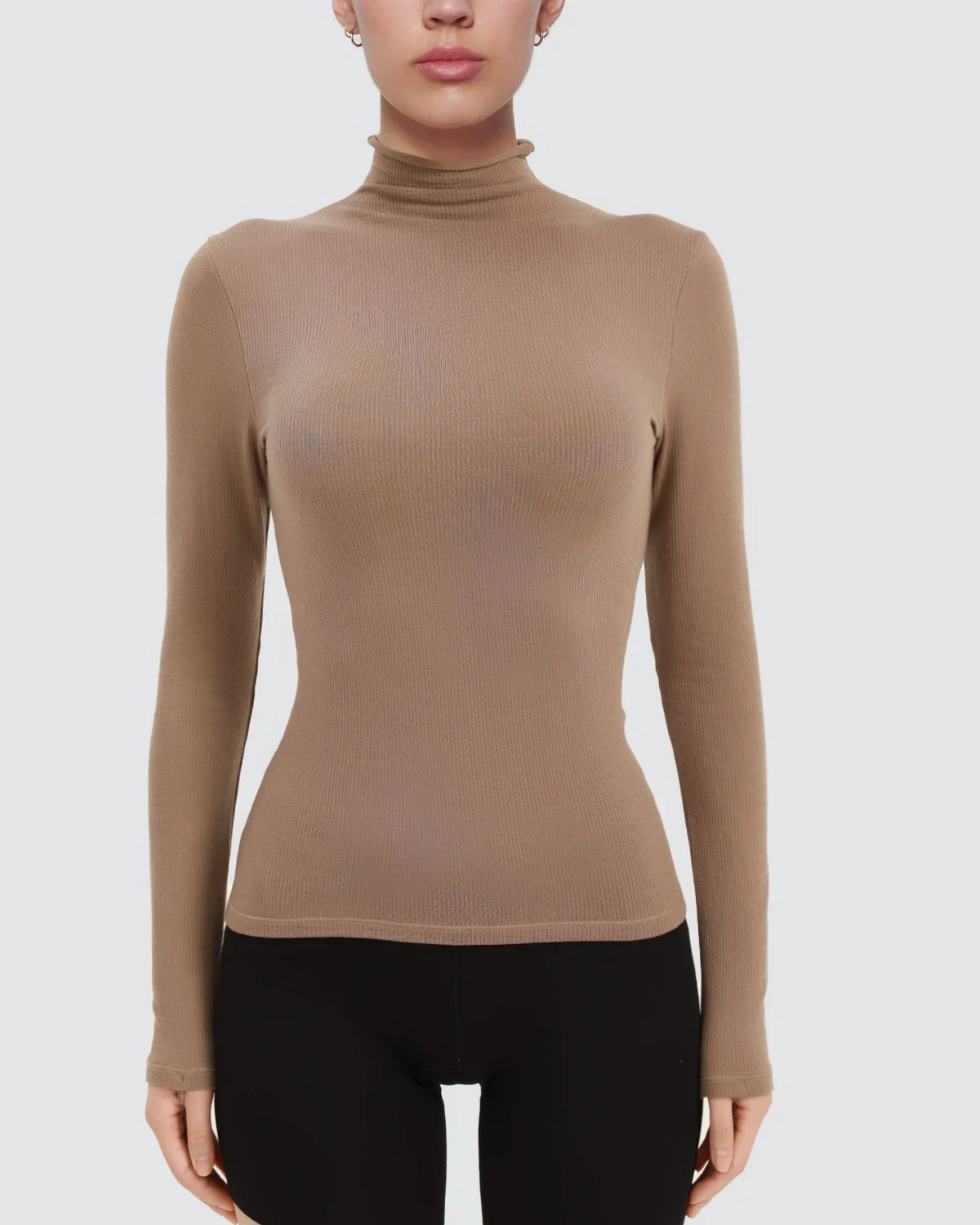 Kardashian-inspired mock-neck ribbed knitted wool-blend base layer top , styled view